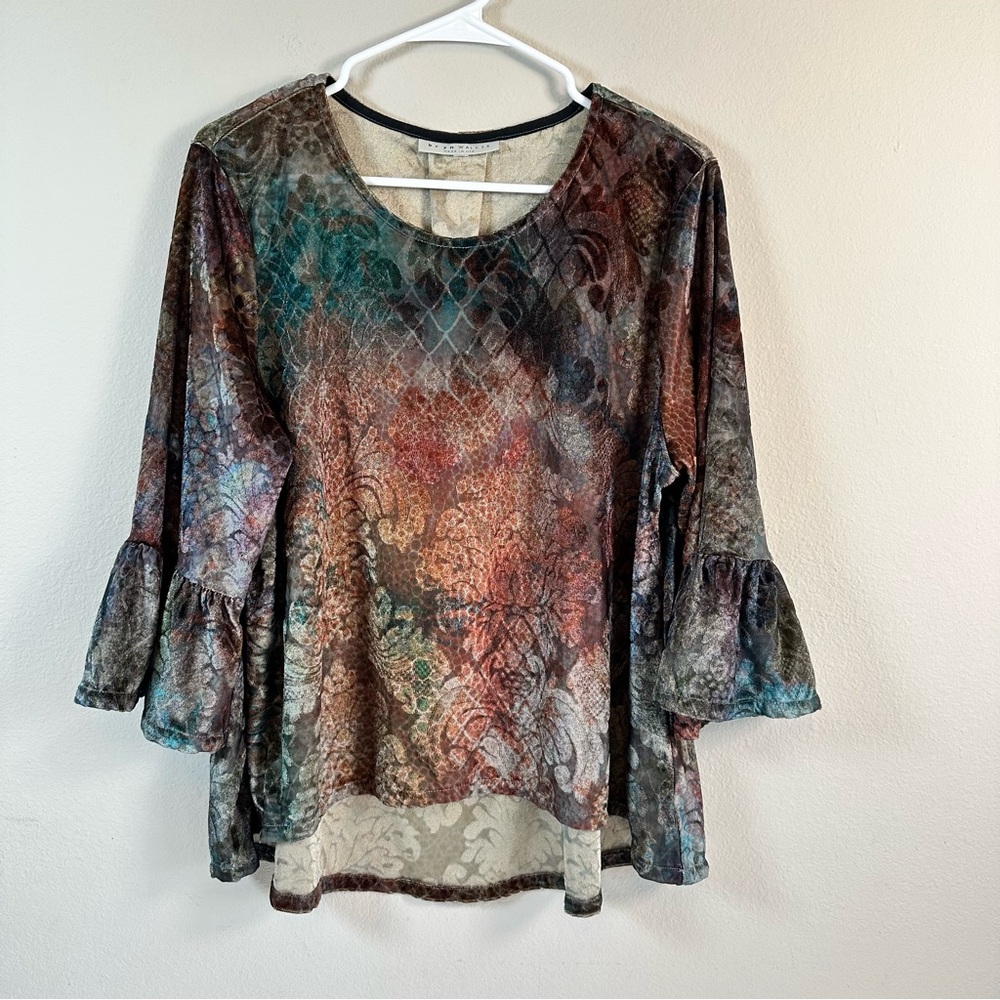 Bryn Walker M Velvet Sheer Bell Sleeve Top Multicolor High-Low Fairy Boho Flowy